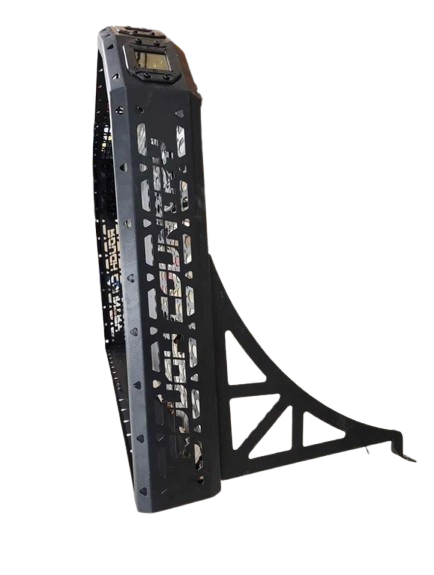 Can-Am Defender storage rack with LED light mounted on Defender HD10 — heavy-duty steel cargo rack with integrated LED light bar